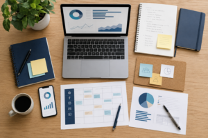 Digital channels, content calendar, budget, and analytics in a small business marketing plan